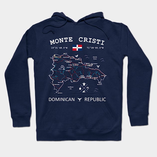 Monte Cristi Dominican Republic Flag Travel Map Coordinates GPS Hoodie by French Salsa